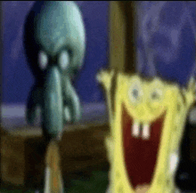 spongebob and squidward are standing next to each other and laughing .