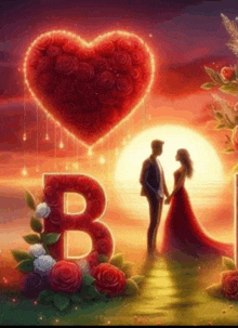 a man and a woman are holding hands in front of a heart made of roses and the letter b