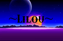 the word lilou is on a purple background with mountains in the background