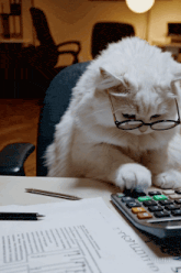 a white cat wearing glasses is using a calculator on a table