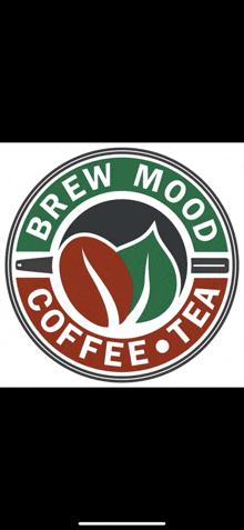 a logo for brew mood coffee tea with a coffee bean and leaves