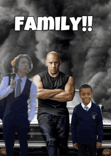 a poster for a movie called family shows a man and two children