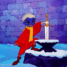 a cartoon character holding a sword in front of a purple wall