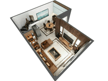 an aerial view of a living room with a staircase