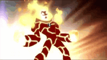 a cartoon character is standing in the middle of a fire explosion .