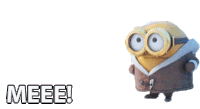 a minion wearing goggles and a jacket says meee !