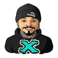 a cartoon of a man wearing a black beanie and a black hoodie with a blue x on it