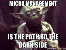 a picture of yoda with a caption that says micro management is the path to the dark side