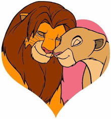 a cartoon of a lion and a lioness kissing in a heart shaped frame .