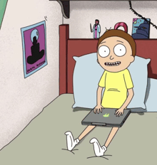 a cartoon of a person sitting on a bed with a laptop and a poster that says death buddy
