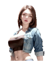 a woman wearing a denim jacket and a crop top is standing in front of a white background .