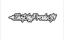 the logo for sketchy products is black and white on a white background .