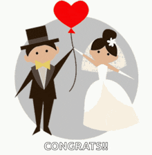 a bride and groom holding a red heart shaped balloon with the words congrats written below them