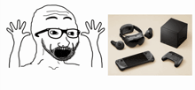 a black and white drawing of a man with glasses next to a picture of a nintendo switch