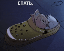 a cartoon drawing of a person sleeping in a croc shoe