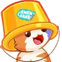 a cartoon cat wearing a yellow bucket hat with a sticker on it .