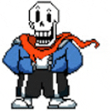 a pixel art drawing of papyrus from undertale wearing a scarf and a blue jacket .