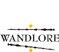 a wandlore logo with two wands and a yellow dot