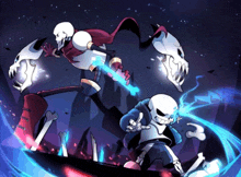 a cartoon drawing of papyrus and sans with glowing swords