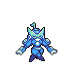 a pixel art drawing of a blue robot with a horn on its head