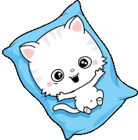 a white cat is laying on a blue pillow and smiling