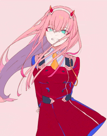 a girl with pink hair and horns is wearing a red uniform