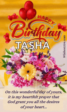 a birthday card for tasha with a bouquet of flowers and balloons