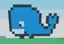 a pixel art of a blue whale standing on a green field