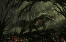 a dinosaur is standing in the middle of a forest .