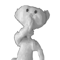 a black and white photo of a teddy bear covering his mouth
