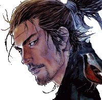 a drawing of a man with a ponytail and a bird on his shoulder