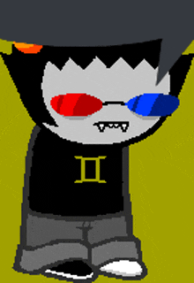 a pixel art drawing of a person wearing sunglasses and a shirt that says ii