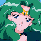 a close up of a girl with green hair and a gold crown
