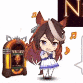 a little girl is standing next to a jukebox with music notes around her .