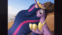 a picture of twilight sparkle from my little pony sitting on a beach