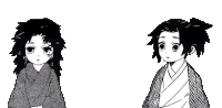 a black and white drawing of two anime characters standing next to each other on a white background .