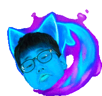 a man with glasses and cat ears is surrounded by a blue and purple background