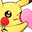 pikachu is holding a pink heart in his mouth .