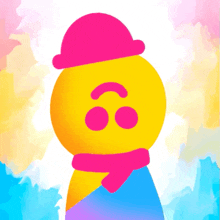 a yellow smiley face with a pink hat and scarf around its neck