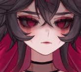 a close up of a person 's face with red eyes