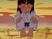 a cartoon character in a karate uniform is kneeling down on the ground