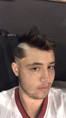 a young man with a shaved design in his hair takes a selfie