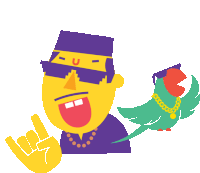 a cartoon of a man wearing sunglasses and a purple hat holding a green parrot