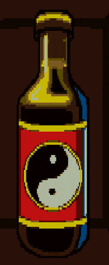 a pixel art drawing of a bottle with a yin yang symbol on the label