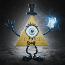 a yellow triangle with a blue eye and a black top hat