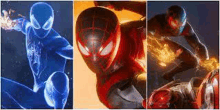 a collage of three pictures of spider-man in different costumes in spider-man miles morales video game .