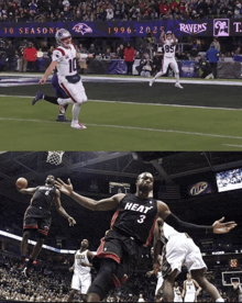 a football player and a basketball player are playing in front of a banner for the ravens