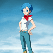 a cartoon character with blue hair and a red scarf around her neck