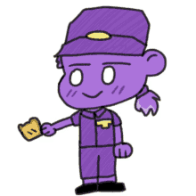 a cartoon drawing of a purple character holding a piece of bread