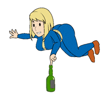 a cartoon of a woman holding a green bottle with a black label